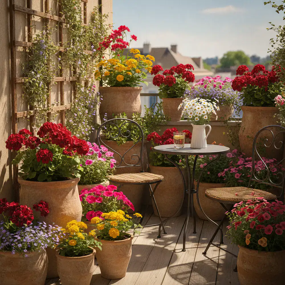 A small sunny balcony decorated with terra cotta pots and blooming flowers
