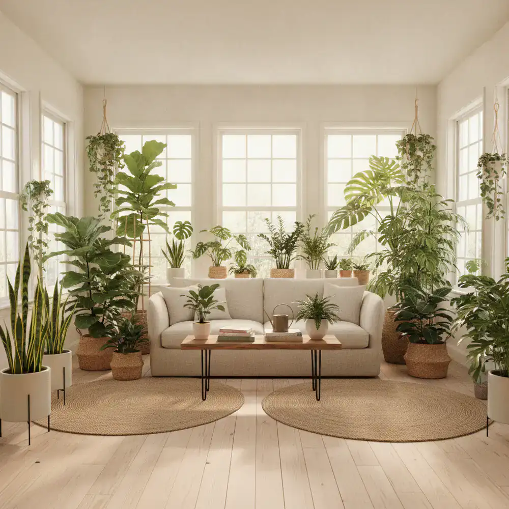 A bright room filled with large leafy green houseplants
