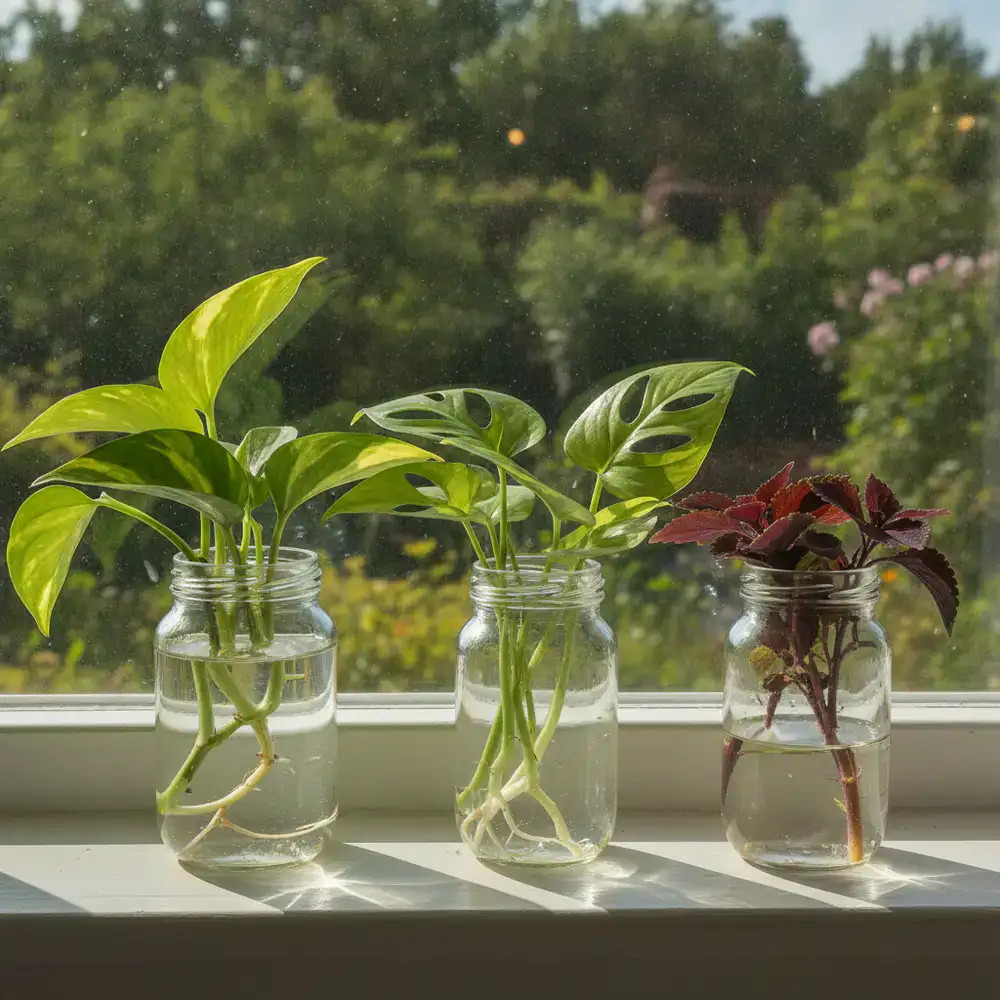 Glass jars holding plant cuttings on a sunny windowsill