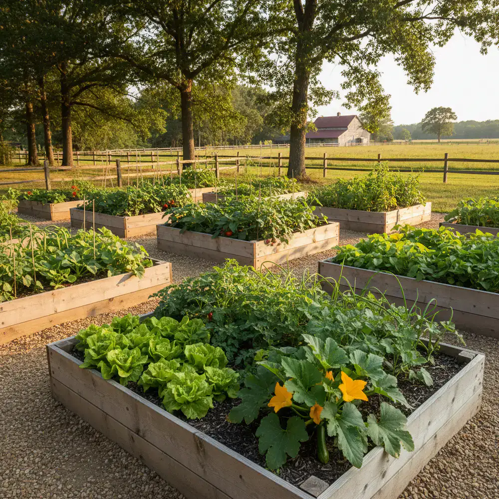Wooden raised garden beds filled with healthy vegetable plants
