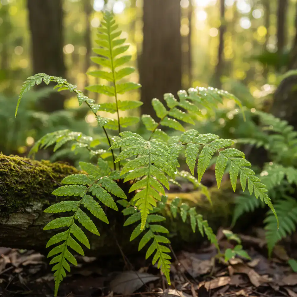 A previously dry fern plant now vibrant and green