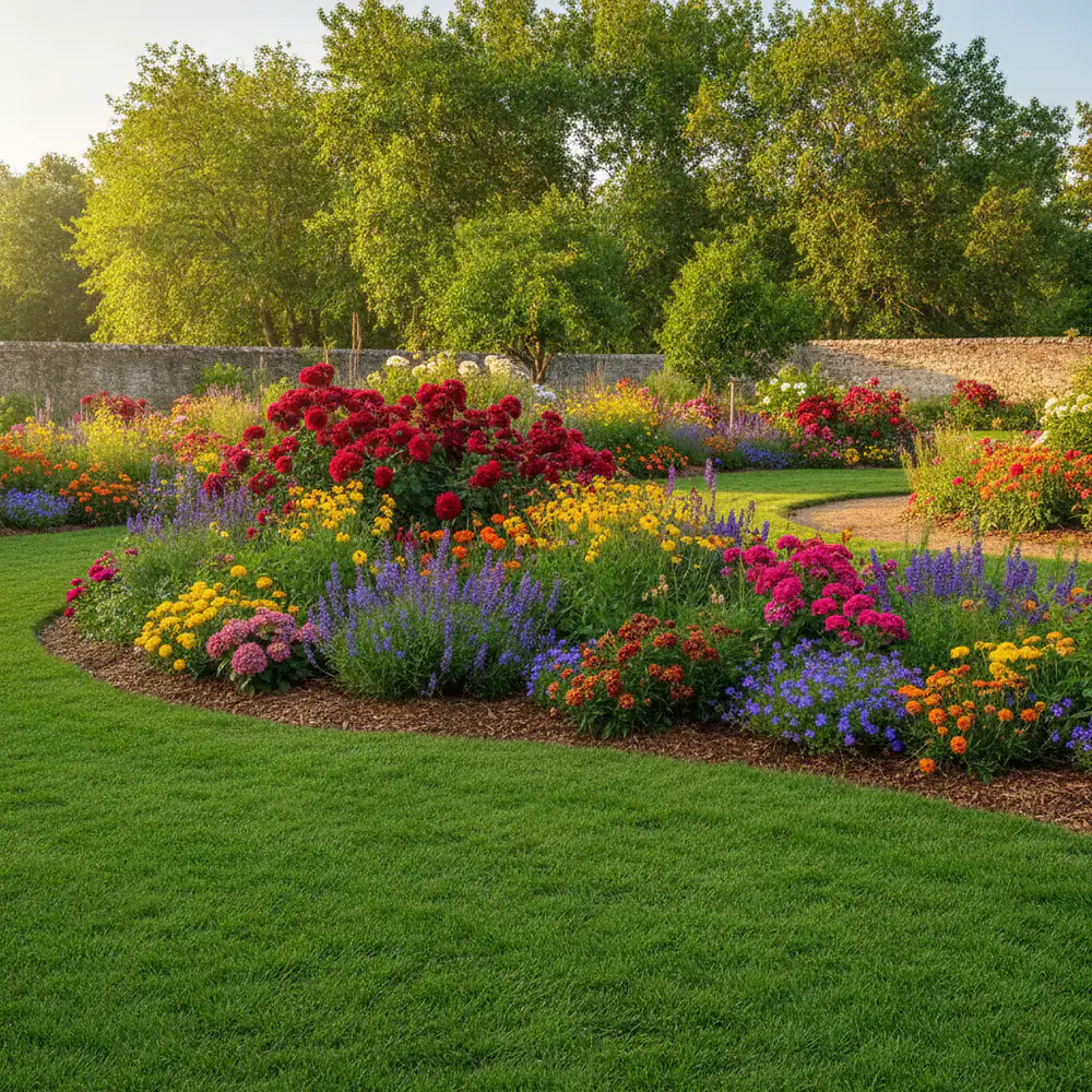 A lush green lawn and flower bed that replaced dry soil