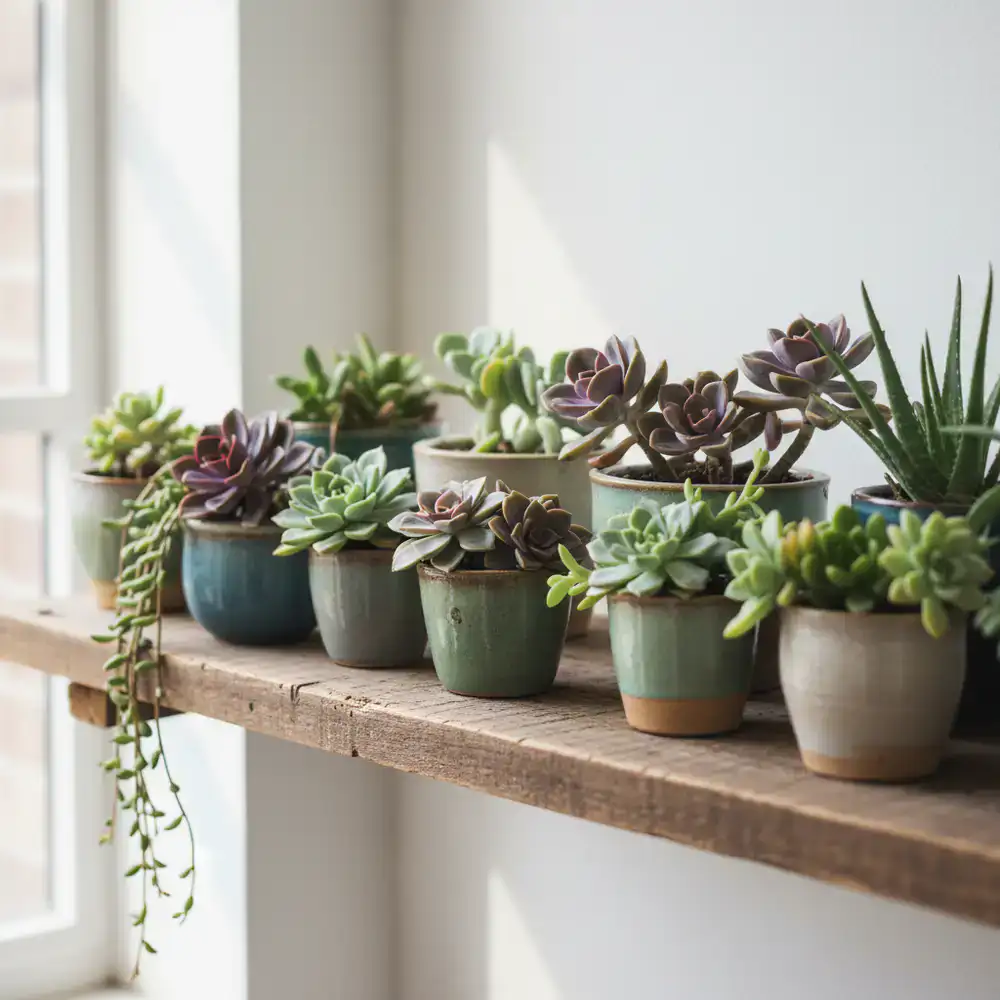 A wooden shelf displaying a variety of small succulent plants