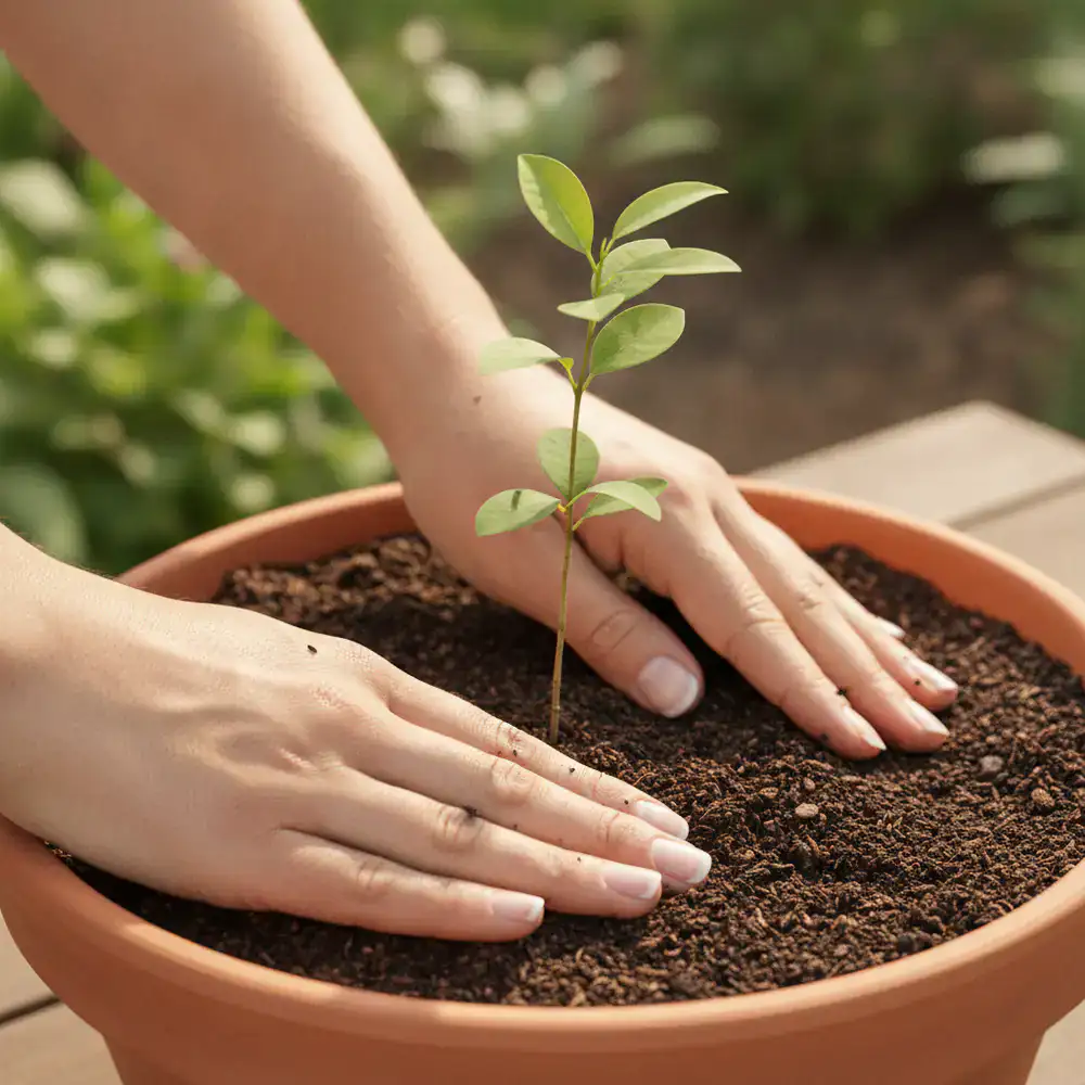 Close up of hands gently pressing potting mix around a new sapling