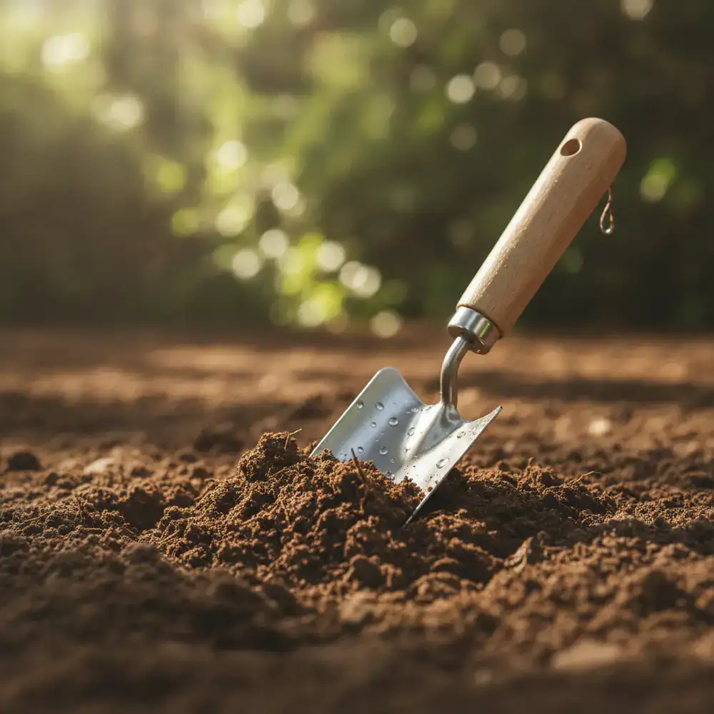 Fresh soil being turned with a small hand trowel