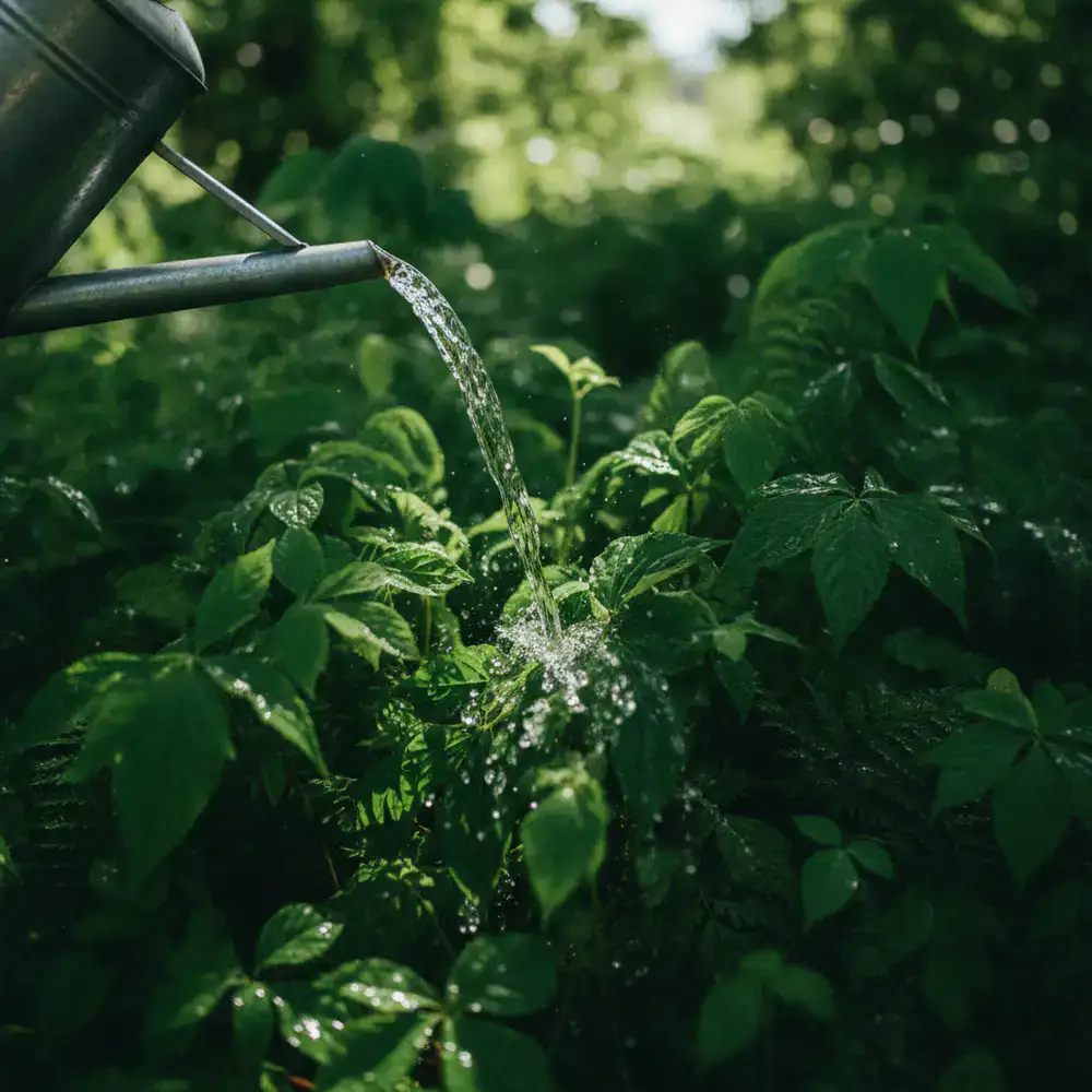 A watering can pouring water onto lush green foliage