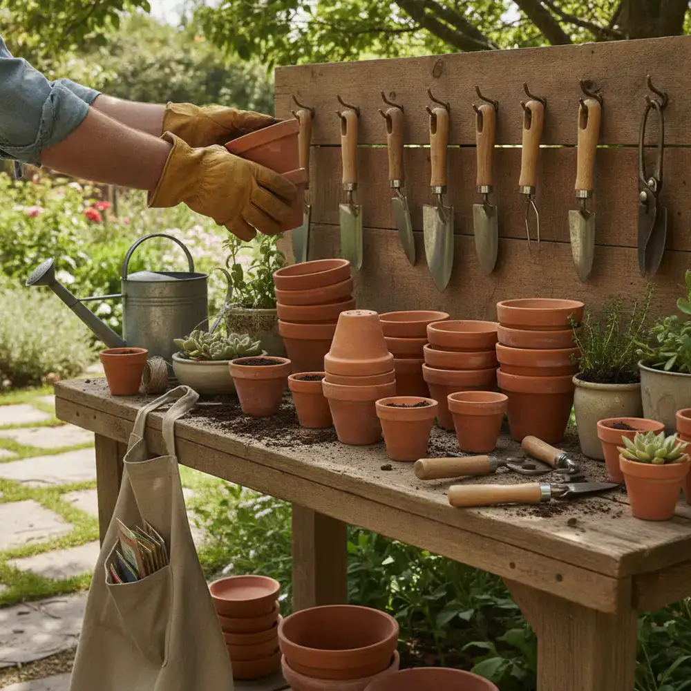 A gardener neatly organizing terra cotta pots and tools on a rustic wooden potting table