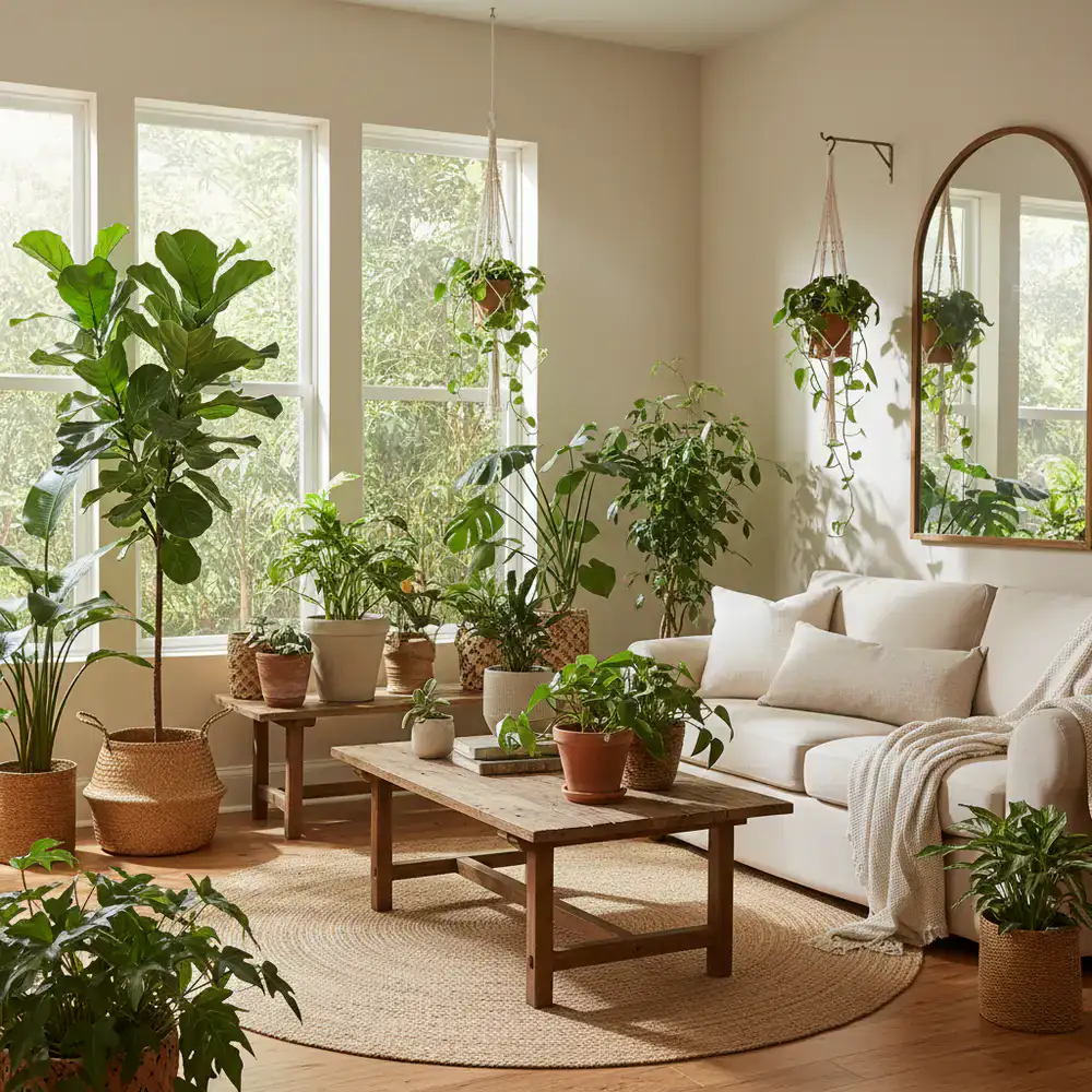 A well-lit room decorated with numerous healthy indoor plants