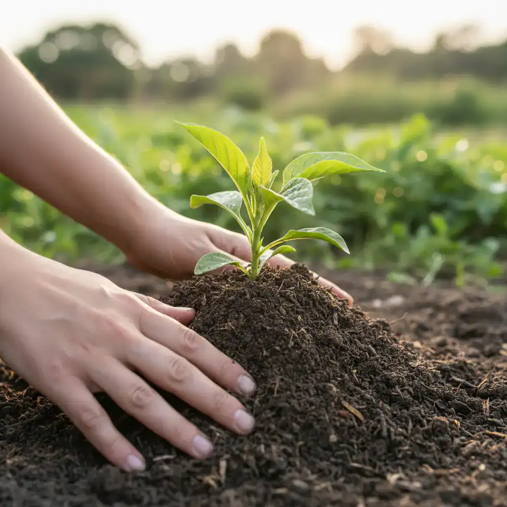 Hands gently working dark, earthy soil around a healthy young outdoor plant.