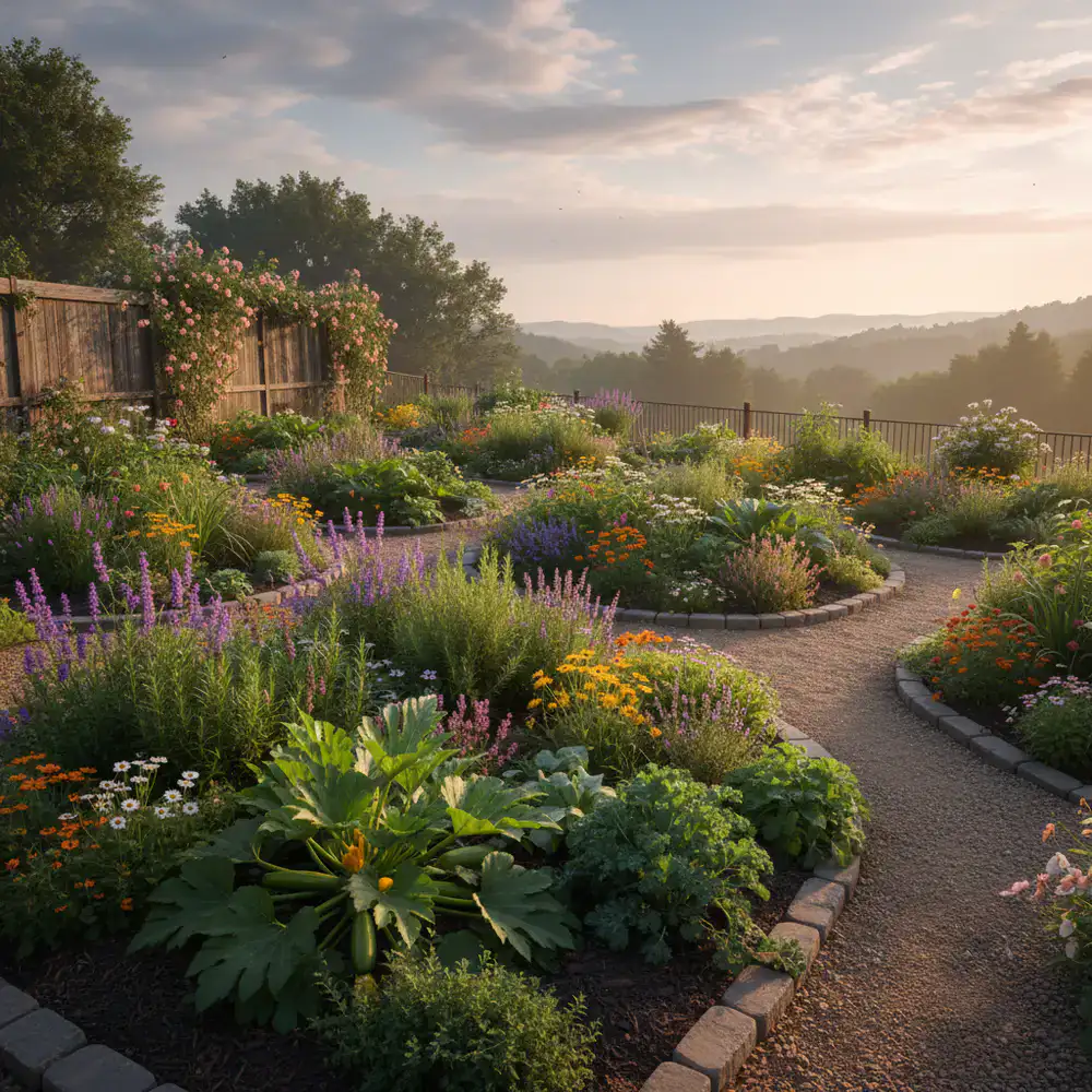Flourishing outdoor garden beds bathed in morning sunlight
