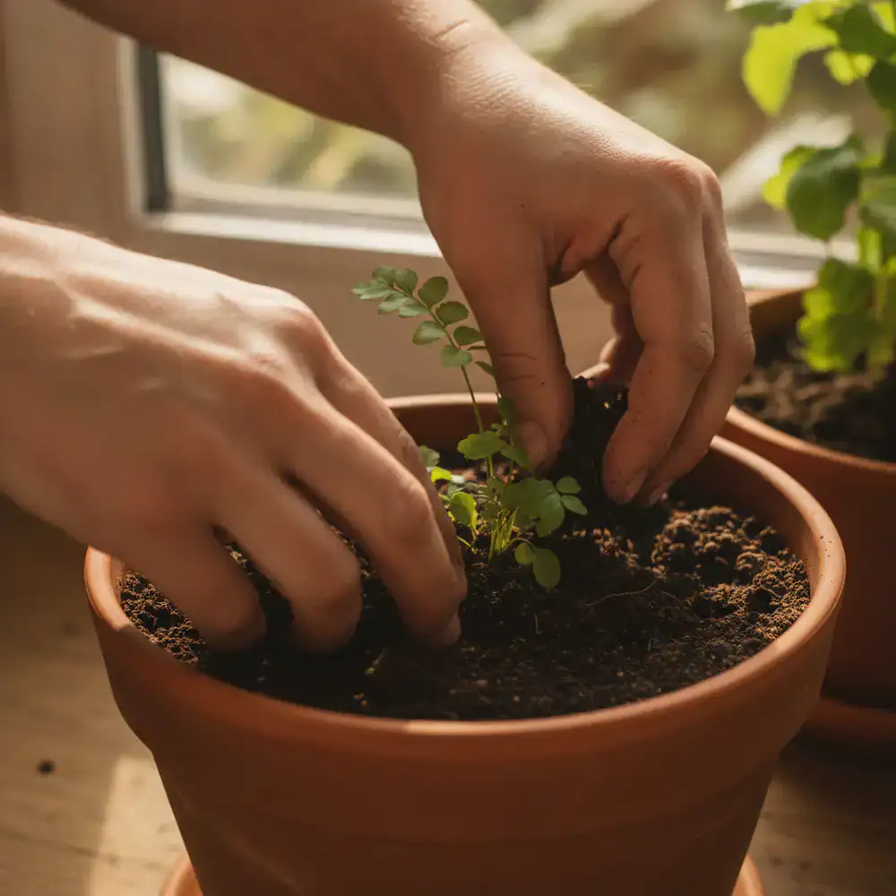 Gardener's hands gently inspecting the soil of a potted plant