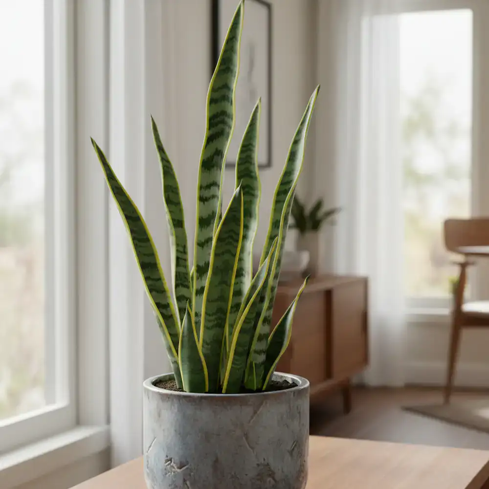 Upright leaves of a Snake Plant in a ceramic pot