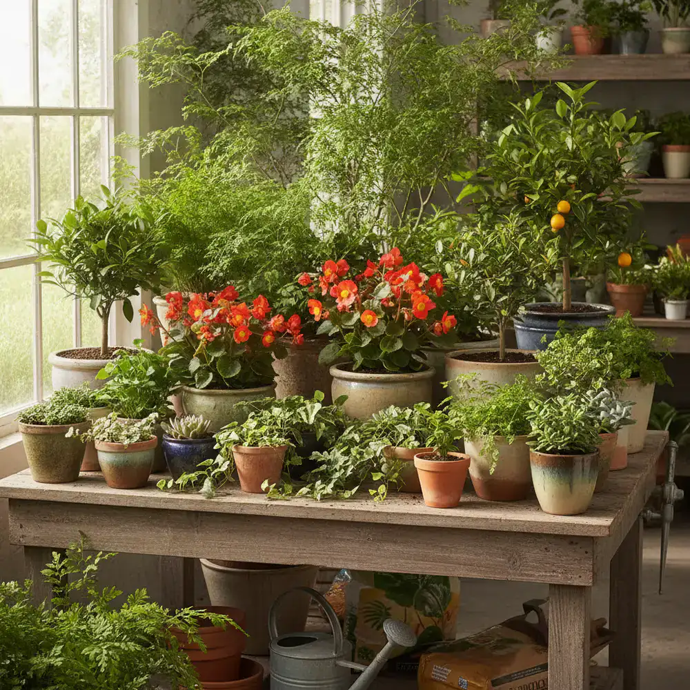 A variety of lush potted plants neatly arranged on a wooden work table